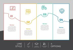 quadratische option infografik vektordesign mit 4 schritten farbenfrohen stil für präsentationszwecke. linienschritt infografik kann für geschäft und marketing verwendet werden vektor