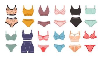Dessous-Set. trendige Damenunterwäsche. Höschen, Bikinis und BHs. handgezeichnete bunte kollektion von damenunterwäsche. vektor