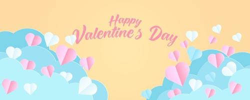 horizontales Banner mit gelbem Hintergrundhimmel und blauen Papierschnittwolken. Platz für Texte. Happy Valentine's Day Sale Header oder Gutscheinvorlage mit Herzen. vektor