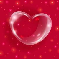realistisk transparent glas hjärta. glansig tvål bubbla 3d hjärta på röd bakgrund med glitter. vektor