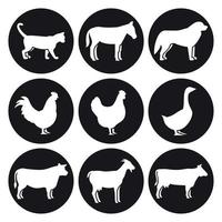 Bauernhoftiere Silhouetten Symbole gesetzt. weiß auf schwarzem Grund vektor