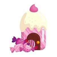 Cupcake-Haus lecker mit Süßigkeiten vektor