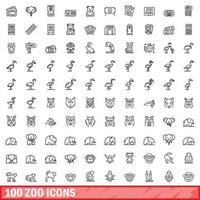 100 Zoo-Icons gesetzt, Umrissstil vektor