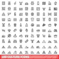 100 Kultursymbole gesetzt, Umrissstil vektor