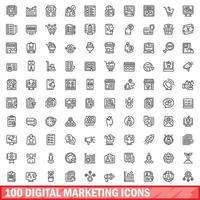 100 digitale Marketing-Icons gesetzt, Umrissstil vektor