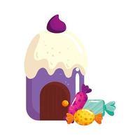Cupcake-Haus köstlich mit Süßigkeiten isolierte Ikone vektor