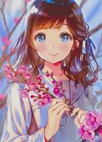 süßes Anime-Mädchen, das Sakura-Blumen hält vektor