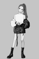 söt anime flicka med en hästsvans. illustration i grå toner. vektor