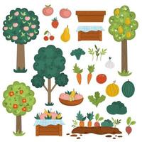 Vektorgartenobstbäume und Erntesammlung. Gemüse- und Obstsymbole festgelegt. Holzkisten mit Ernte. Farm Country Pack mit Pflanzen, Beeren, Gemüse. äpfel, karotten, tomatenillustration vektor