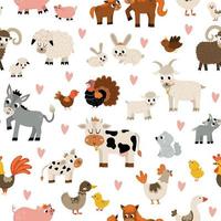Vektor Musterdesign mit Nutztieren und Vögeln. Wiederholen Sie den Hintergrund mit Kuh, Pferd, Ziege, Schaf, Ente, Henne, Schwein und ihren Kindern. süße Mutter und Baby digitales Papier. familie liebe land textur