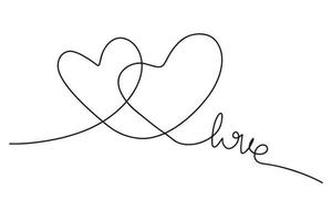 fortlaufende Zeichnung eines Herzenspaares und der Inschrift Liebe. modische minimalistische illustration. Zeichnen in einer Linie. vektor