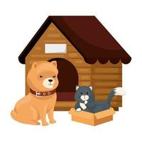 niedlicher Hund und Katze mit isoliertem Symbol des Holzhauses