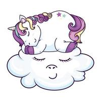 süßes Einhorn, das im Wolken-Kawaii-Stil schläft vektor