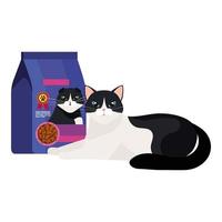 niedliche Katze schwarz und weiß mit Essen in der Tasche lokalisierte Ikone vektor