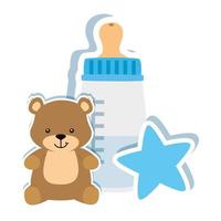 Babyflaschenmilch mit Teddybär und Stern vektor