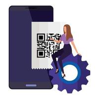 Scan-Code qr im Smartphone mit Geschäftsfrau und Ausrüstung vektor