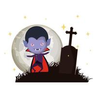 söt liten pojke med dracula kostym i mörk kyrkogård scen vektor