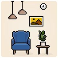 8-bitars pixel interiör levande rum i vektor illustration för spel tillgångar. modern dekorera med en minimalistisk stil