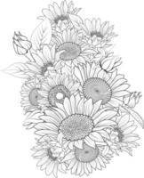 sonnenblume malbuch handgezeichnete botanische frühlingselemente blumenstrauß der blüte sonnenblume linie kunst malseite vektor skizze künstlerisch, einfachheit gekritzelkunst.