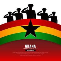 glückliches ghana-unabhängigkeitstagdesign mit soldatensilhouette und gewelltem flaggenvektor vektor