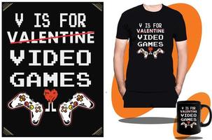 v är för valentine video spel t skjorta design eller gaming barn t skjorta design och vektor