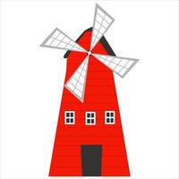 Rote Windmühle im Cartoon-Stil isoliert auf weißem Hintergrund, Nutztier, ländliches Lifestyle-Konzept für Kinderbücher vektor
