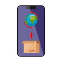 Weltplanet mit Box im Smartphone isoliertes Symbol vektor