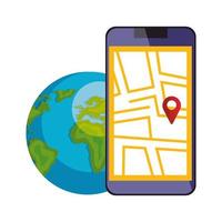 Smartphone mit Kartenstandort-App und Weltplanet vektor