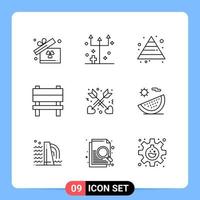 9-zeiliges schwarzes Symbolpaket Umrisssymbole für mobile Apps isoliert auf weißem Hintergrund 9 Symbole festgelegt vektor