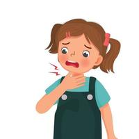 süßes kleines Mädchen, das an Halsschmerzen leidet und ihren schmerzhaften und anschwellenden Hals als Symptome von Grippe und Allergie berührt vektor