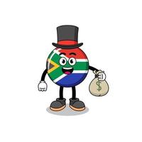 südafrika-flaggenmaskottchenillustration reicher mann, der einen geldsack hält vektor