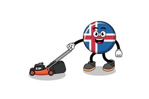 Island-Flaggenillustrationskarikatur, die Rasenmäher hält vektor