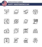 Packung mit 16 kreativen Usa-Unabhängigkeitstag-bezogenen Linien der Karte Amerikanische Dekorationsskala Gerechtigkeit editierbare Usa-Tag-Vektordesign-Elemente vektor