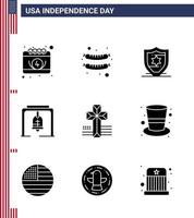 9 USA fast glyf packa av oberoende dag tecken och symboler av amerikan korsa skydd amerikan jul klocka redigerbar USA dag vektor design element