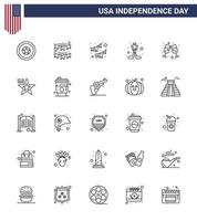 Packung mit 25 Usa-Unabhängigkeitstag-Feierlinien Zeichen und 4. Juli-Symbole wie amerikanische Weinglasgirlande Weinsport editierbare Usa-Tag-Vektordesign-Elemente vektor