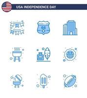 Happy Independence Day Pack mit 9 Blues-Zeichen und Symbolen für Tintenflasche Adobe Security Cook Grill editierbare Usa-Tag-Vektordesign-Elemente vektor