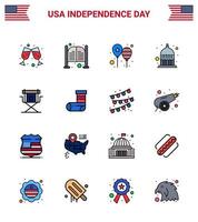 USA oberoende dag platt fylld linje uppsättning av 16 USA piktogram av stol statshus ballonger indiana Amerika flagga redigerbar USA dag vektor design element