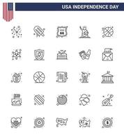 Packung mit 25 kreativen usa-unabhängigkeitstag-bezogenen linien von basketballstatuensicherheit von wahrzeichen editierbare usa-tag-vektordesignelemente vektor