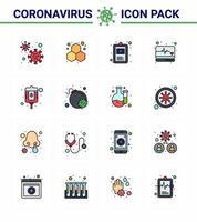 Coronavirus 16 flache, farbig gefüllte Liniensymbole zum Thema Corona-Epidemie enthalten Symbole wie Flasche medizinischer Monitor klinische Aufzeichnungen Überwachung Notfall virales Coronavirus 2019nov Krankheiten vektor