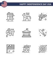 linje packa av 9 USA oberoende dag symboler av amerikan Bank pistol amerikan plats redigerbar USA dag vektor design element