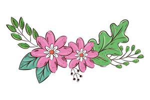 niedliche Blumen rosa mit Zweigen und Blättern isolierte Ikone vektor