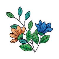 süße Blumen blaue und gelbe Farbe mit Zweigen und Blättern vektor