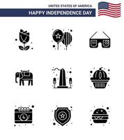 Happy Independence Day Pack mit 9 soliden Glyphen Zeichen und Symbolen für Sehenswürdigkeiten Sonnenbrillen usa elephent editierbare usa Day Vektordesign-Elemente vektor