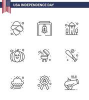 Stock Vektor Icon Pack von American Day 9 Zeilenzeichen und Symbolen für Ball BBQ Wahrzeichen Barbecue Kürbis editierbare Usa Day Vektor Design Elemente