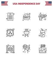 Happy Independence Day Pack mit 9 Zeilen Zeichen und Symbolen für Alkohol BBQ Army Barbecue Schild editierbare Usa Day Vektor Design Elemente