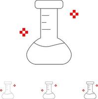 kemisk flaska laboratorium djärv och tunn svart linje ikon uppsättning vektor