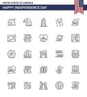 Happy Independence Day Pack mit 25 Zeilen Zeichen und Symbolen für Mahlzeit Fast Building Burger American Editable Usa Day Vector Design Elements