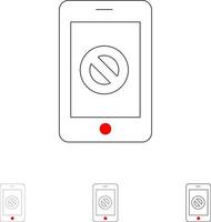 mobiltelefon nein kein mobilsymbolsatz für fette und dünne schwarze linien vektor