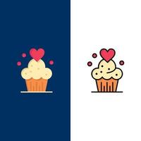 kaka muffin muffins bakad sötsaker ikoner platt och linje fylld ikon uppsättning vektor blå bakgrund