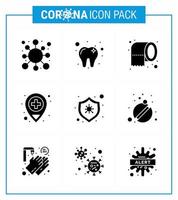 9 Solid Glyph Black Coronavirus covid19 Icon Pack wie Virusbakterien, die das medizinische Krankenhaus virales Coronavirus 2019nov-Krankheitsvektor-Designelemente reinigen vektor